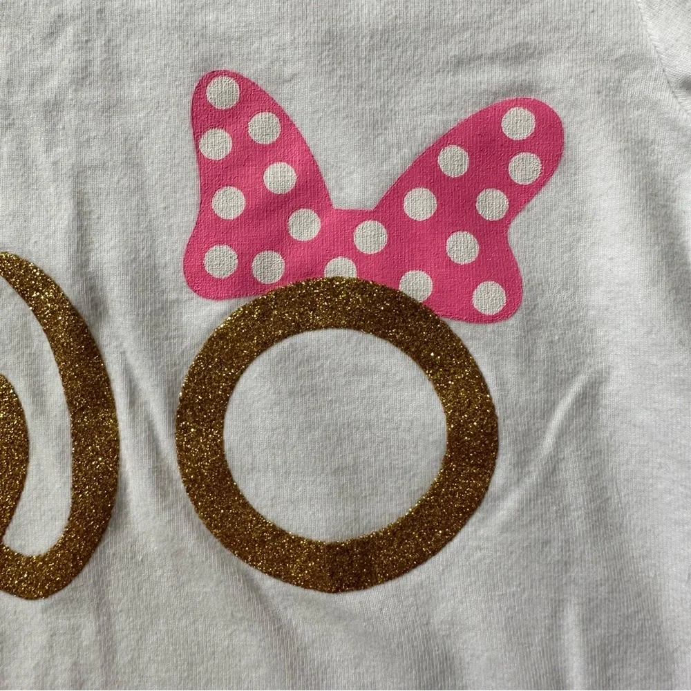 Ibtom Castle Gold Glitter Two Minnie Mouse Bow Birthday Bodysuit in White Size 2
